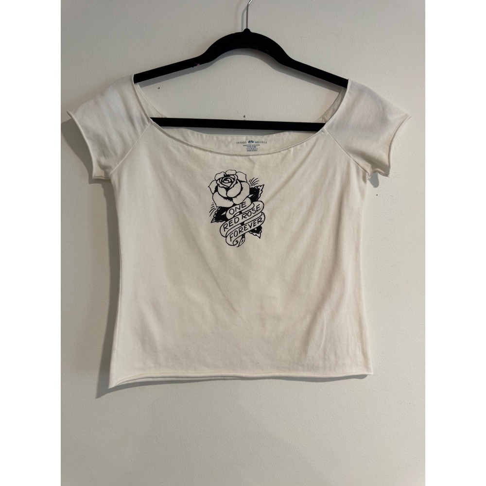 Brandy Melville Rose Graphic Top Womens Small White Off Shoulder Tee